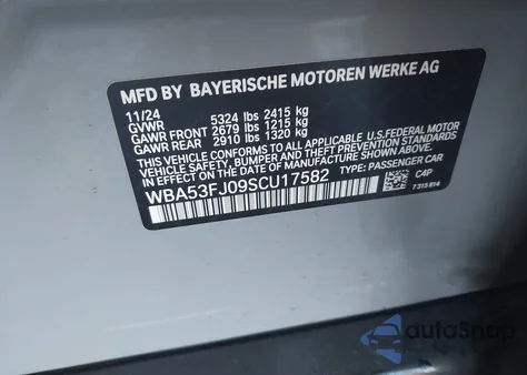 2025 BMW 530I xDrive z USA, uszkodzony, nr VIN WBA53FJ09SCU17582